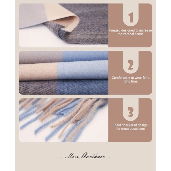 Women Light Blue Grey Winter Warm Shawl Wraps Tartan Blanket Oversized Scarves - Picture 4 of 6